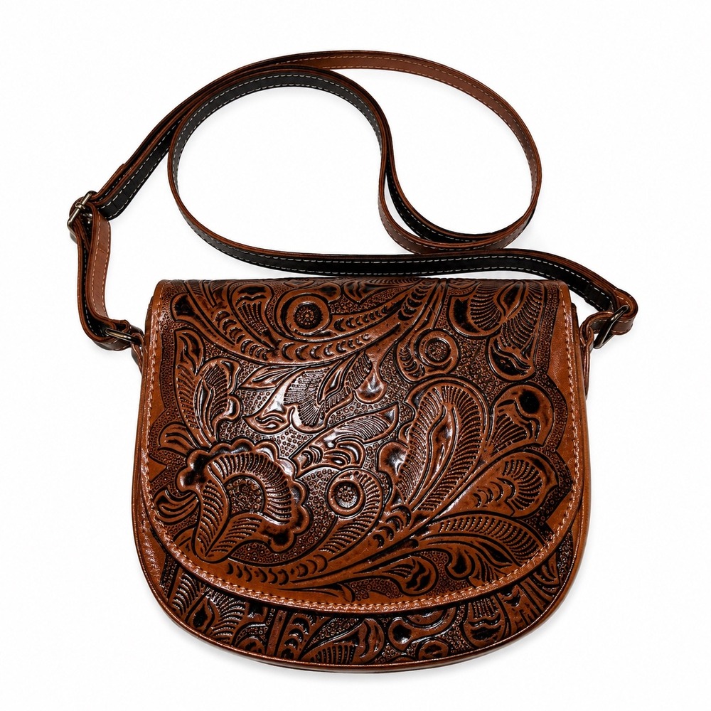 NEW Handmade Tooled Leather Crossbody Saddle Bag Western Floral‎ Mexican Purse